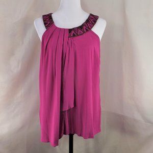 NWT COMO Black Fushia Rayon Sleeveless Blouse w Beaded Collar Shirt Top LP